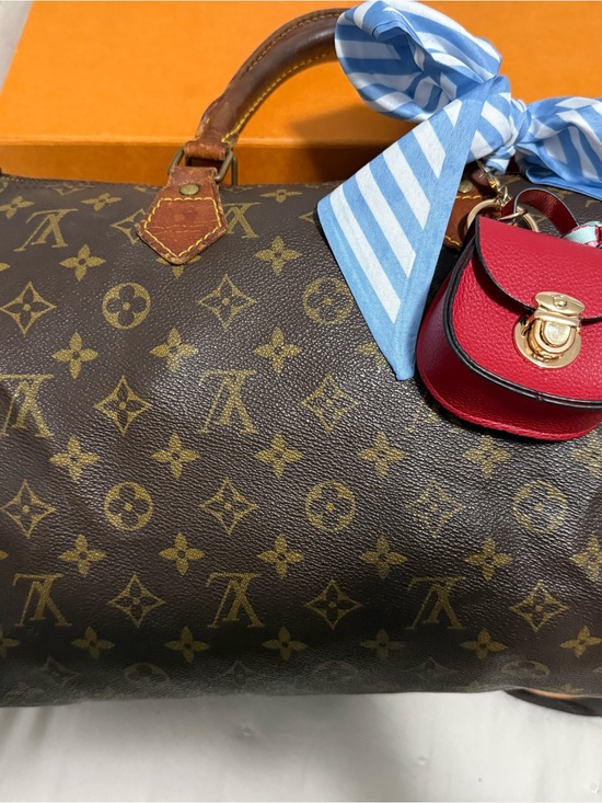 Louis Vuitton Handbags - Louis Vuitton Monogram Canvas speedy 35 Bag with Red Charm and Blue Scarf